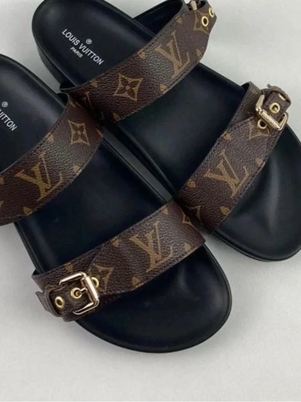 Louis Vuitton Brown Monogram Double Buckle Slide Sandals
